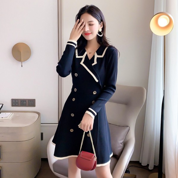 2020 Autumn Vintage Women Notched Collar Short Sleeve Knitted Sweater Mini Dress Female Double-Breasted A-line Dresses Vestidos