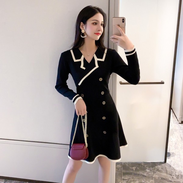 2020 Autumn Vintage Women Notched Collar Short Sleeve Knitted Sweater Mini Dress Female Double-Breasted A-line Dresses Vestidos