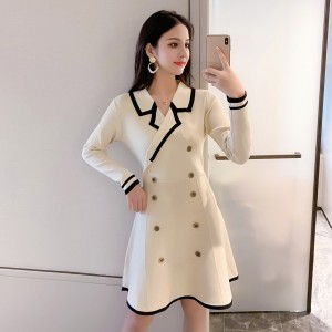 2020 Autumn Vintage Women Notched Collar Short Sleeve Knitted Sweater Mini Dress Female Double-Breasted A-line Dresses Vestidos