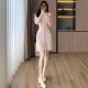 Mobeso Autumn and Winter Fragrant Style Ladies Pink V-neck Long sleeved Knitted Dresses with Waist Wrap for Slim Appearance, Exquisite and Versatile Bottom Skirt