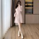 Mobeso Autumn and Winter Fragrant Style Ladies Pink V-neck Long sleeved Knitted Dresses with Waist Wrap for Slim Appearance, Exquisite and Versatile Bottom Skirt