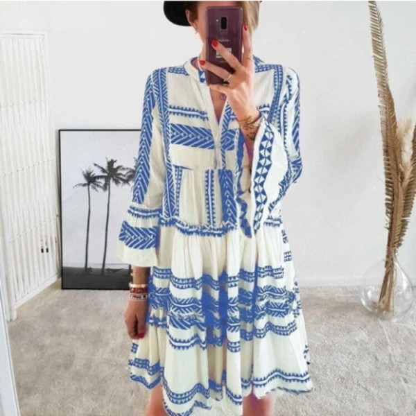 Autumn Women Dresses Summer Casual Loose Long Sleeve Ruffle V Neck Striped Print Bohemain Beach Party Mini Dress Femme Vestidos