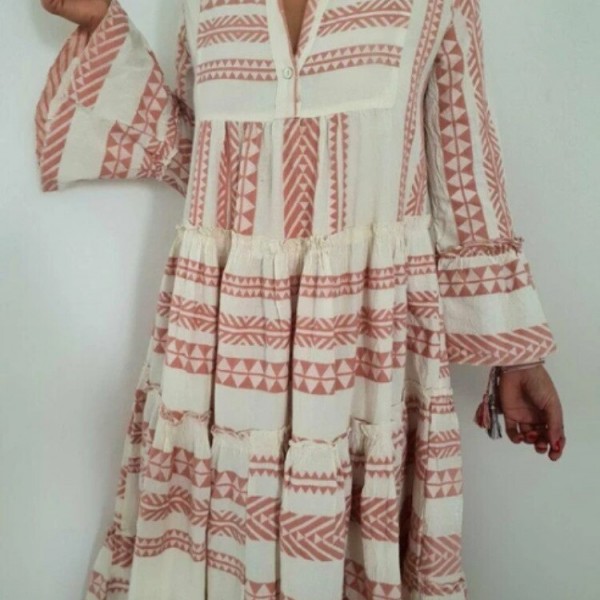 Autumn Women Dresses Summer Casual Loose Ruffle Long Sleeve V Neck Striped Print Bohemain Beach Long Maxi Dresses Femme Vestidos