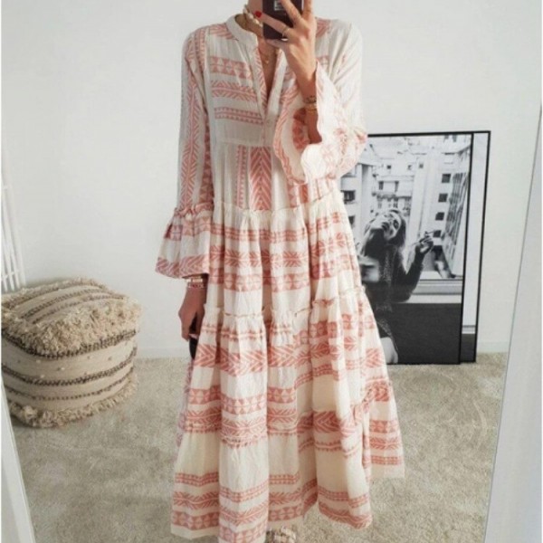 Autumn Women Dresses Summer Casual Loose Ruffle Long Sleeve V Neck Striped Print Bohemain Beach Long Maxi Dresses Femme Vestidos