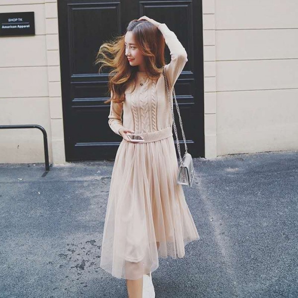 Elegant Knitted Sweater Dress Autumn Winter Dress Long Sleeve Sweater Mesh Patchwork Women Dress Casual Long Dress One set