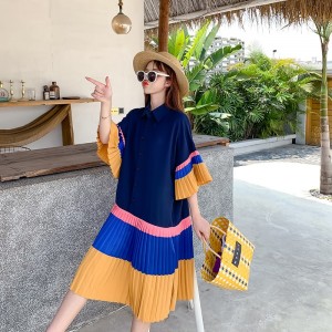 Korean Style Summer Woman Dress Loose Pleated Color Blocking Swing Casual A-Line Shirt dresses for women vestido de mujer