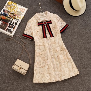 Summer Lace Hollow Out Dress Runway Women Brooch Short Sleeve Bodycon Party Dress Fashion Pearl Buttons Single Breasted Dress