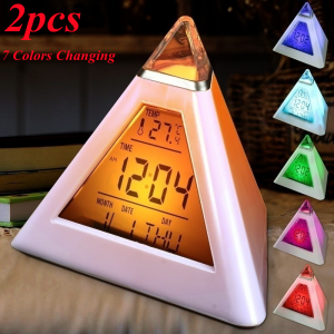 2pcs Digital LED Alarm Clock 7 Colors Changing Night Light Time Temperature Display Pyramid Shape Desk Clock