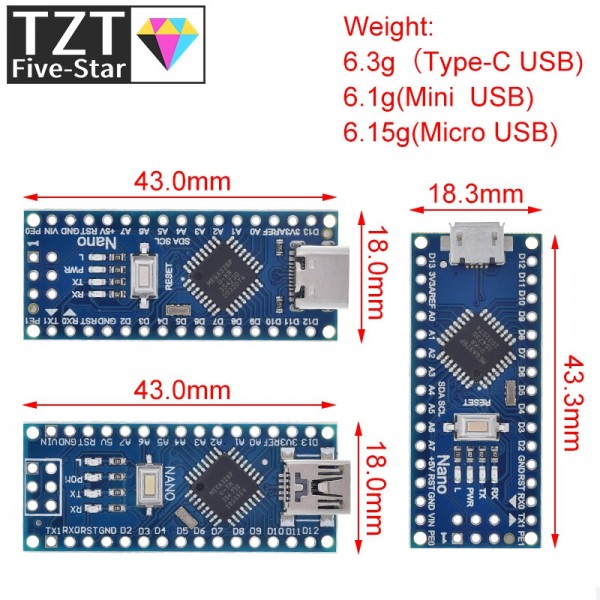 Mini / Type-C / Micro USB Nano 3.0 With the bootloader compatible Nano controller for arduino CH340 USB driver 16Mhz ATMEGA328P