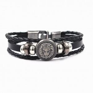 Fashion Lion Head Charm Magnetic Black Men Bracelet Leather Genuine Braided Punk Rock Bangles Jewelry Accessories Friend