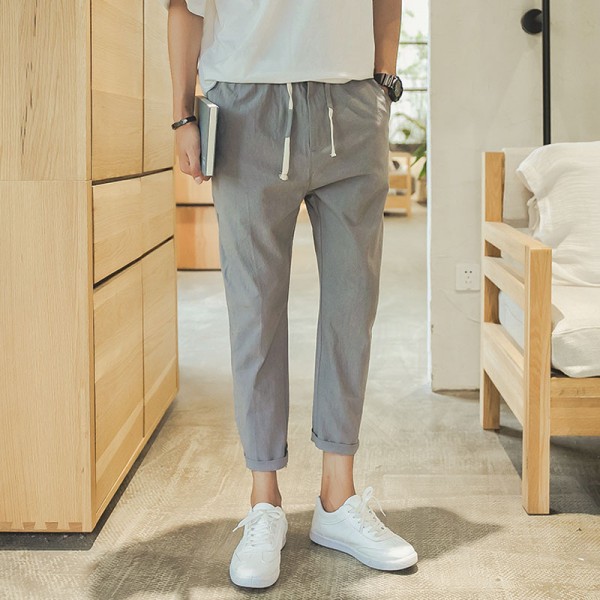 Summer Pants Male Korean Trend Loose Casual Pants Male Small Feet 9-Point Pants Slim Linen Mens Fashion Streetwear Size M-5Xl