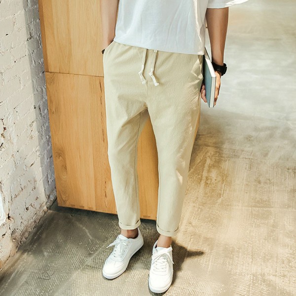 Summer Pants Male Korean Trend Loose Casual Pants Male Small Feet 9-Point Pants Slim Linen Mens Fashion Streetwear Size M-5Xl