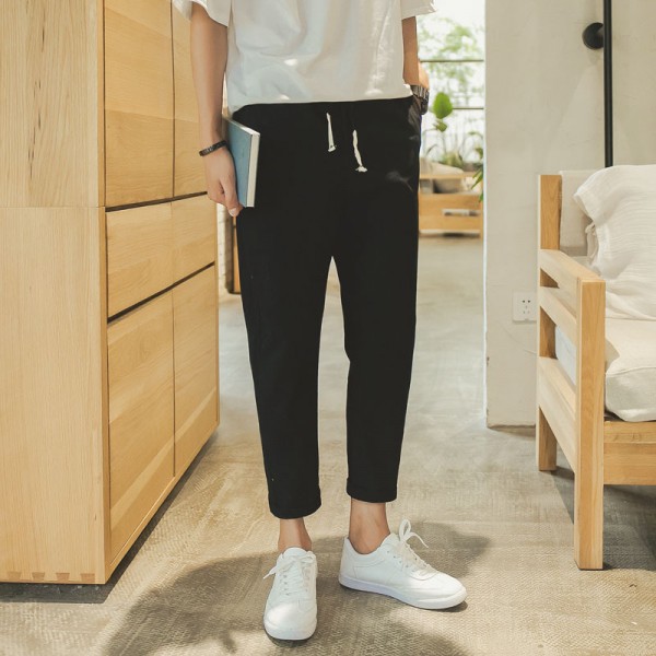 Summer Pants Male Korean Trend Loose Casual Pants Male Small Feet 9-Point Pants Slim Linen Mens Fashion Streetwear Size M-5Xl