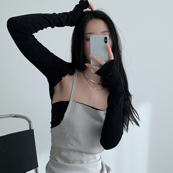 Women Thumbhole Long Sleeve Bolero Shrug Solid Color Open Front Cropped Cardigan Top Bodycon Slim Fit Sunscreen Arm Cover Jacket