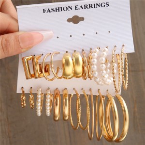 Gold Color Pearl Hoop Earrings Set Metal Dangle Earrings Vintage Circle Geometric Twist for Women Girls Trendy Jewelry Gifts