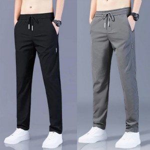 Men's Ice Silk Trousers Solid Mid-Waist Loose Breathable Straight-Leg Casual Pants 2023 Thin Quick-Drying Sports Pants