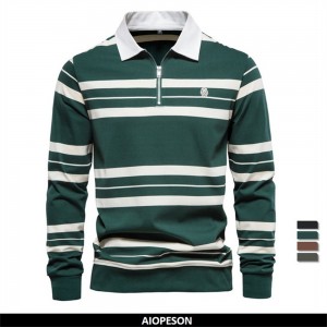 AIOPESON Embroidery Cotton Long Sleeve Polo Shirts for Men Striped Zipper Men's Polo Shirts New Spring Autumn Brand Men Clothing