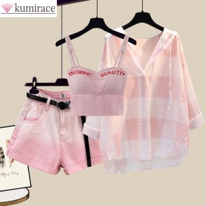 Fashion Tie-dyed Shorts Sunscreen Plaid Shirt Pink Bra Three-piece Elegant Women's Pants Set Summer Outfits Tracksuit for 2023