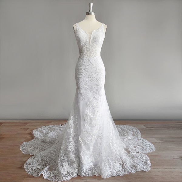 DIDEYTTAWL Real Photos Luxury Spaghetti Straps Mermaid Wedding Dress Sleeveless V Neck Backless Court Train Bridal Gown