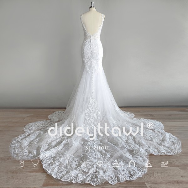 DIDEYTTAWL Real Photos Luxury Spaghetti Straps Mermaid Wedding Dress Sleeveless V Neck Backless Court Train Bridal Gown