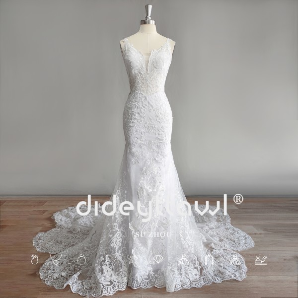 DIDEYTTAWL Real Photos Luxury Spaghetti Straps Mermaid Wedding Dress Sleeveless V Neck Backless Court Train Bridal Gown