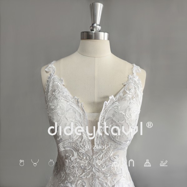 DIDEYTTAWL Real Photos Luxury Spaghetti Straps Mermaid Wedding Dress Sleeveless V Neck Backless Court Train Bridal Gown