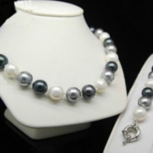 Jewelry Set Silver hook>Round beads 3 color 12mm black Grey white shell Pearl bracelet Necklace 18" set AAA style