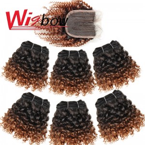 Mongolian Jerry Curly Bundles with Closure Short Human Hair Kinky Curly Bundles with 4x1 Closure 6+1/lot Remy Hair Extensions