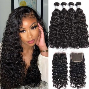 Indian Water Wave Bundles With Closure Wet and Wavy Curly 12A Human Hair Bundles With Remy Hair Weave 3Bundles With 13X4 Frontal