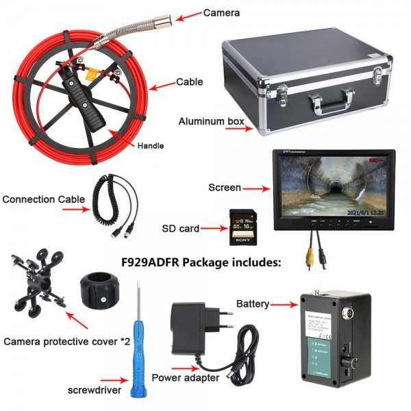 DVR 9" Sewer Pipe Inspection Video Camera IP68 AHD 1080P Drain Sewer Pipeline Industrial Endoscope System with 12PCS LED Lights