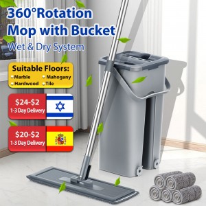 Hand Free Flat Floor Mop And Bucket Set For Professional Home Floor Cleaning System With Washable Microfiber Pads For Hardwood