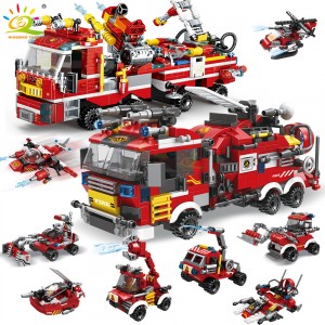 HUIQIBAO City Fire Fighting 8in1 Trucks Car Helicopter Boat Building Blocks Firefighter Figures Man Bricks Toys For Children