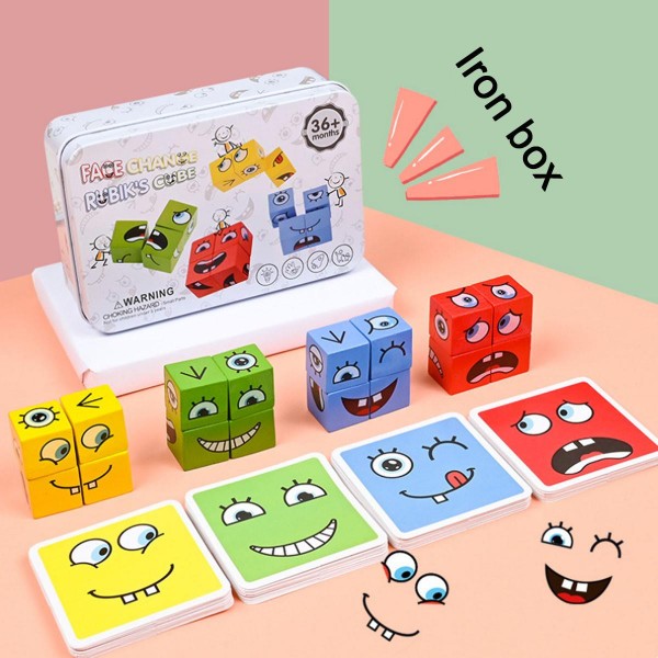 Face Changing Building Blocks Cartoon Cube Board Game Wooden Puzzle Montessori Anxiety Stress Relief Toys For Children Kids