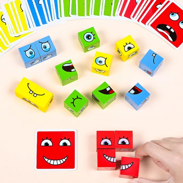 Face Changing Building Blocks Cartoon Cube Board Game Wooden Puzzle Montessori Anxiety Stress Relief Toys For Children Kids