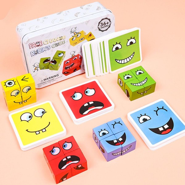 Face Changing Building Blocks Cartoon Cube Board Game Wooden Puzzle Montessori Anxiety Stress Relief Toys For Children Kids